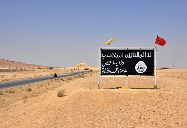 Schild mit IS-Flagge in der syrischen Wüste